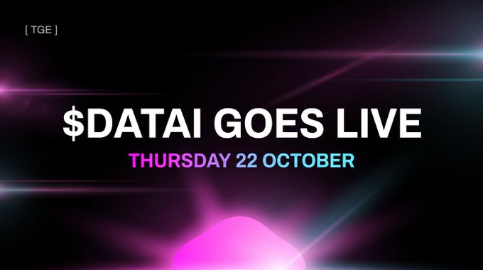A promotional banner announces “$DATAI GOES LIVE” on “THURSDAY 22 OCTOBER,” with neon pink and blue light effects on a dark background. It supports the accompanying post’s launch details for DATAI/USDT on PancakeSwap and BNB Chain.