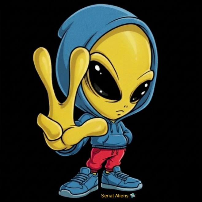 A cartoon-style illustration of a yellow alien in a blue hoodie and red pants making a peace sign, with the text 'Serial Aliens' at the bottom.