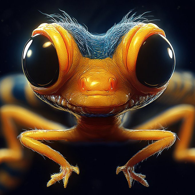 A highly detailed, stylized macro image of a small orange insect with enormous black compound eyes.