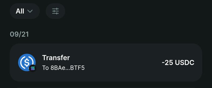 A transaction history showing a transfer of -25 USDC sent to address 8BAe...BTF5 on 09/21, presented as proof of payment for an active participant in a giveaway promotion.
