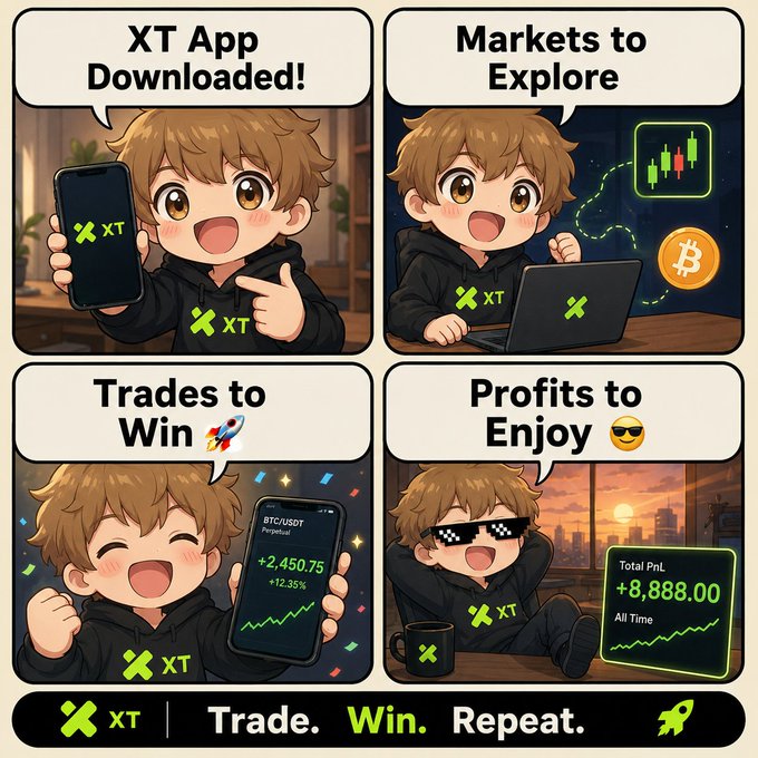 This XT.com graphic shows a journey from downloading the app and exploring markets to winning trades and enjoying profits, alluding to the #CryptoTrading platform. The sequence illustrates a positive trading experience on the XT exchange.