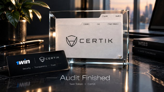 A glass block displays the 'CERTIK' logo and text '[2026] [+] [Twin Token] Audit', with a card reading '1win CERTIK Security · Transparency · Trust' and text 'Audit Finished 1win Token × Certik'.