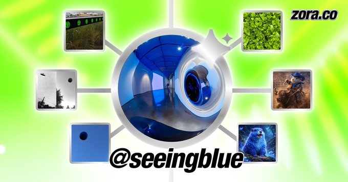 The image features a poster with a blue circle containing six different photos of animals, including a bear, a bird, and a fish. The text "Seeking Blue" is written below the circle, indicating that the animal images are related to the search for the color blue. The post also mentions an auction where someone won the #454 auction by completing the challenge correctly.