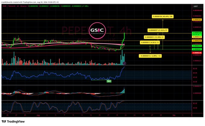 A TradingView chart of the PEPE/USDT (USDT-M Binance) 4-hour pair showing price action with various technical indicators (RSI, MACD) and Fibonacci-style price targets in the upper right.