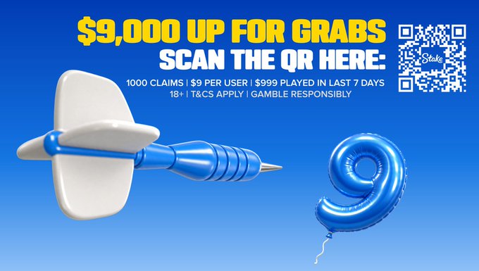 The promotional image advertises "$9,000 UP FOR GRABS" with a call to "SCAN THE QR HERE:" for the Stake gambling platform, featuring a 3D dart and a blue number "9" balloon—tying into the post's caption about Darts being a "perfect gift," with the 9-balloon likely referencing the popular darts game variant.