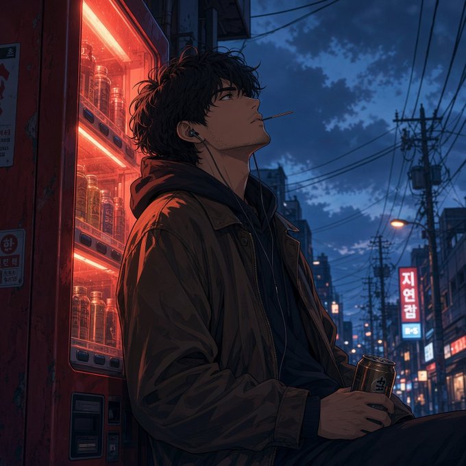 An anime-style illustration of a young man with messy black hair smoking a cigarette while holding a can, leaning against a red vending machine in a neon-lit urban street at night.