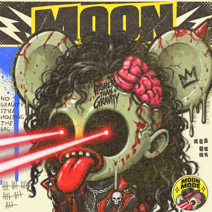 A stylized album cover or poster features a green skull character with exposed brain, red laser eyes, and a tongue sticking out, with text reading "MOON", "HIGHER THAN GRAVITY", and "NO GRAVITY STILL HOLDING THE BAG."