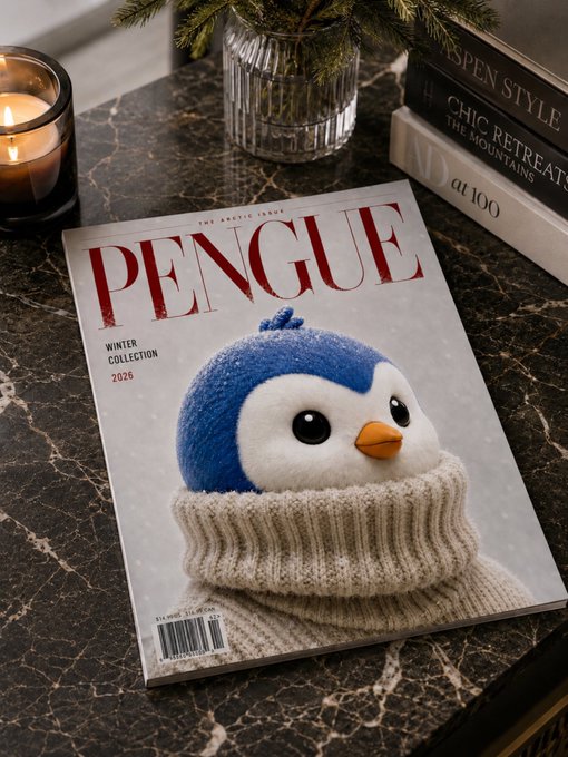 The image features a Penguin magazine cover with an adorable penguin wearing a sweater, sitting on top of a table. The background includes books and candles, suggesting that this scene takes place at home or a cozy setting. The text "Sophisticated. Refined. Timeless." implies the magazine's elegant design and timeless appeal to its readers.