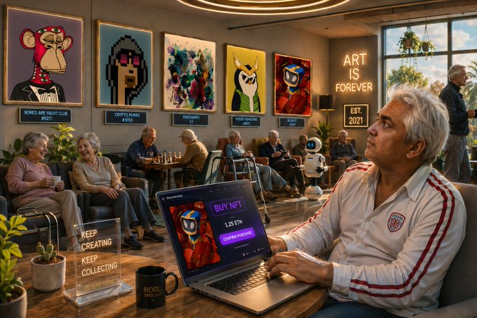A man works on a laptop in a lounge displaying a 'BUY NFT 1.25 ETH' screen, surrounded by elderly people and NFT artwork on the walls, with a neon sign reading 'ART IS FOREVER EST 2021'.