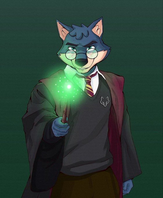 An anthropomorphic wolf character with glasses wearing a Harry Potter-style Gryffindor robe and tie, holding a glowing green wand.