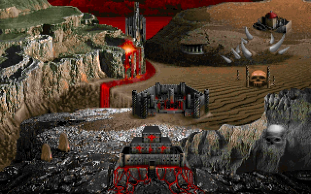 A screenshot from the classic game Doom shows a hellish landscape filled with castles, a large skull, and flowing lava, evoking the fiery inferno the game is known for. This imagery perfectly complements the post's celebration of the Doom gaming community, with the token address "Gymbmn9wwMKe4NnmVceyyfpncp9arbwPfSdBsyY9pump" shown alongside the infernal scene.