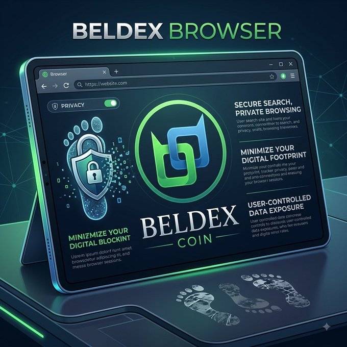 A promotional graphic for 'BELDEX BROWSER' and 'BELDEX COIN', featuring a tablet displaying features like secure search, private browsing, minimized digital footprint, and user-controlled data exposure.