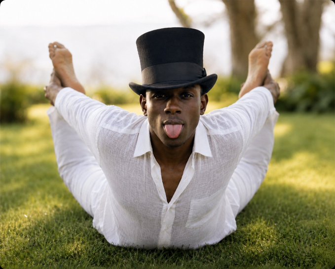 A man wearing a white shirt and black top hat lying on grass with his legs raised behind his head while sticking his tongue out playfully.