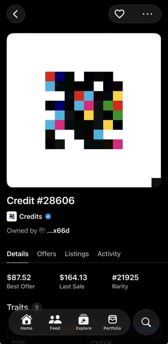 A mobile app screenshot displaying a pixel-art NFT titled 'Credit #28606' owned by an anonymous wallet, with a best offer of $87.52 and last sale of $164.13.