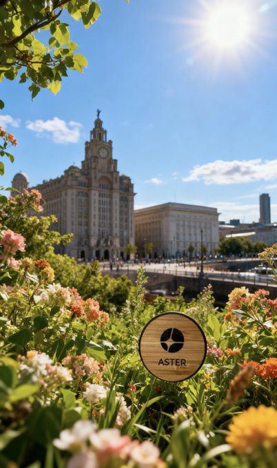 A scenic view of a grand historic building with a clock tower, surrounded by colorful flowers in the foreground, with an "ASTER" wooden sign displayed.