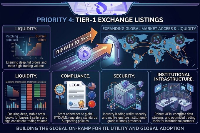 A presentation slide titled 'PRIORITY 4: TIER-1 EXCHANGE LISTINGS' detailing Liquidity, Compliance, Security, and Institutional Infrastructure with the subtitle 'BUILDING THE GLOBAL ON-RAMP FOR ITL UTILITY AND GLOBAL ADOPTION.'