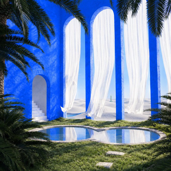 A surreal scene shows a blue arched pavilion with flowing white curtains overlooking a small pond that reflects onto a desert-like landscape, framed by palm fronds. The "infinity pool" caption plays on the visual illusion that the curtained pool extends endlessly into the barren, endless white dunes beyond.