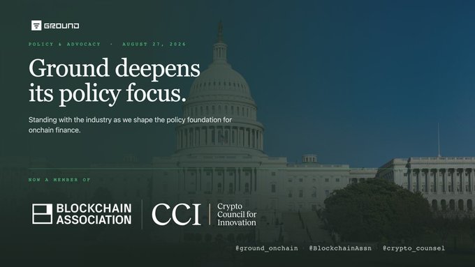 A promotional graphic from Ground dated August 27, 2024, announcing 'Ground deepens its policy focus' with the tagline 'Standing with the industry as we shape the policy foundation for onchain finance,' displayed over an image of the U.S. Capitol building and noting memberships in the Blockchain Association and CCI Crypto Council for Innovation.