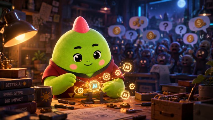 A digital illustration of a cute green character with a pink tip on its head, working on glowing AI gears and chips at a desk surrounded by shadowy figures holding '?' and '$' speech bubbles.