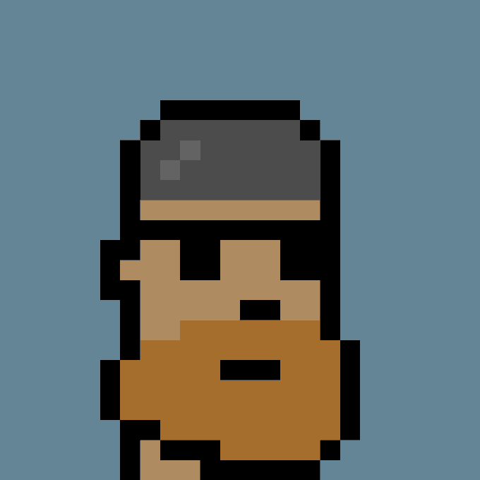 A simple pixel art character with black hair, tan skin, and a brown outfit standing against a solid blue background.