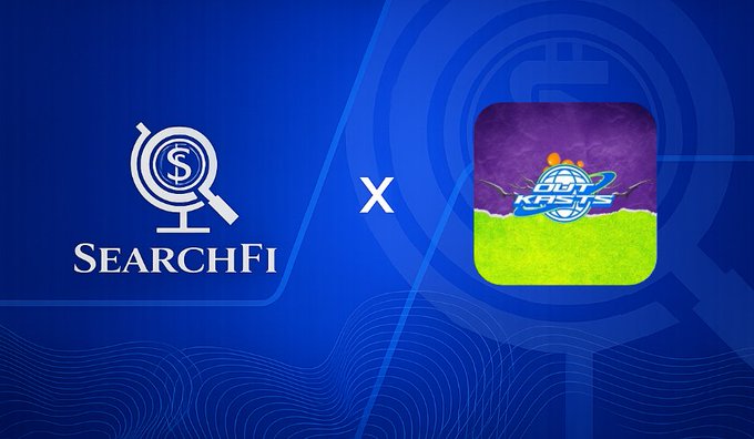 A promotional graphic on a blue background shows the 'SearchFi' logo with a magnifying glass on the left and 'NBA Kicks' app icon on the right, separated by an 'X'.