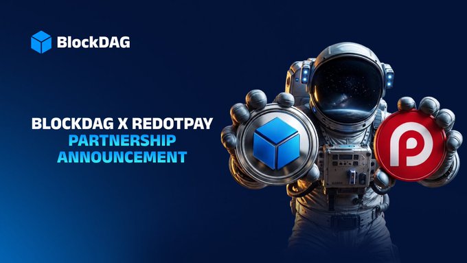 An astronaut holds a BlockDAG (BDAG) coin and a RedotPay (P) logo on a dark blue background, announcing the strategic partnership between BlockDAG and RedotPay to build the BlockDAG Super App with the headline "BLOCKDAG X REDOTPAY PARTNERSHIP ANNOUNCEMENT."