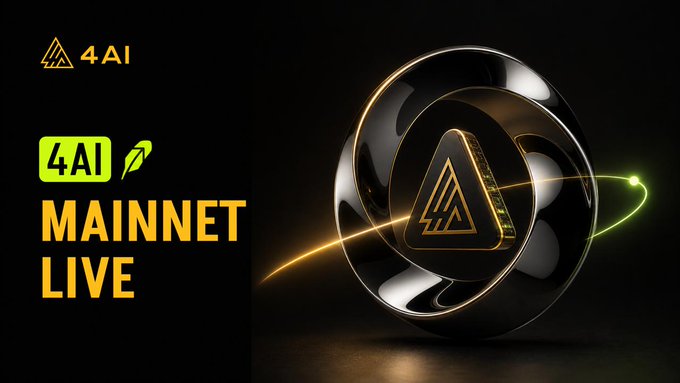 A sleek promotional graphic with a black background features the text "4AI MAINNET LIVE" in bold yellow letters on the left, alongside the 4AI logo and a green rocket icon, announcing the launch of the 4AI decentralized AI marketplace on Robinhood Chain with the trading pair $4AI/$NVDA.