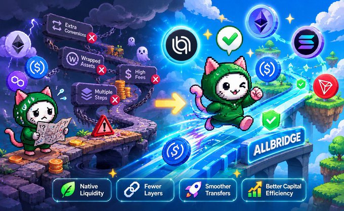 Promotional graphic for "ALLBRIDGE" showing cartoon cat characters bridging between platforms, highlighting features like Native Liquidity, Fewer Layers, Smoother Transfers, and Better Capital Efficiency.