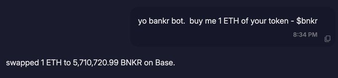A chat message asking 'yo bankr bot. buy me 1 ETH of your token - $bnkr' followed by a confirmation that 1 ETH was swapped to 5,710,720.99 BNKR on Base.