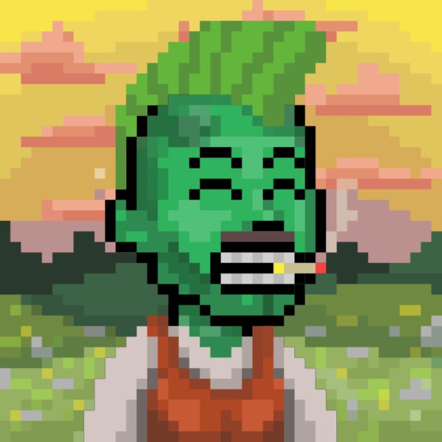 A pixel art depiction of a green anthropomorphic pickle character with a mohawk, holding a cigarette in its mouth, set against a yellow sky and green field.