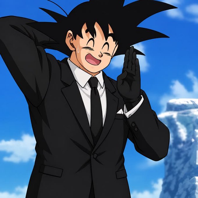 An anime depiction of Goku from Dragon Ball wearing a formal black suit, white shirt, tie, and black gloves, smiling with one hand raised against a blue sky with clouds.