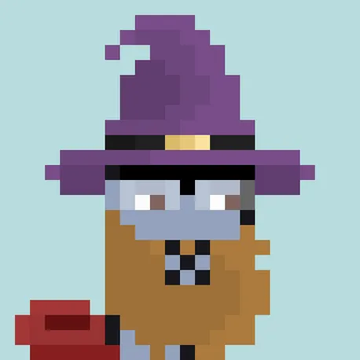 A pixel art character depicts a bearded figure wearing a purple witch hat with a yellow buckle, paired with an eyepatch over one eye. The whimsical image is shared by user @fuzzy_xrp and references @XPUNKNFTs, likely promoting a spooky or fantasy-themed NFT collection.