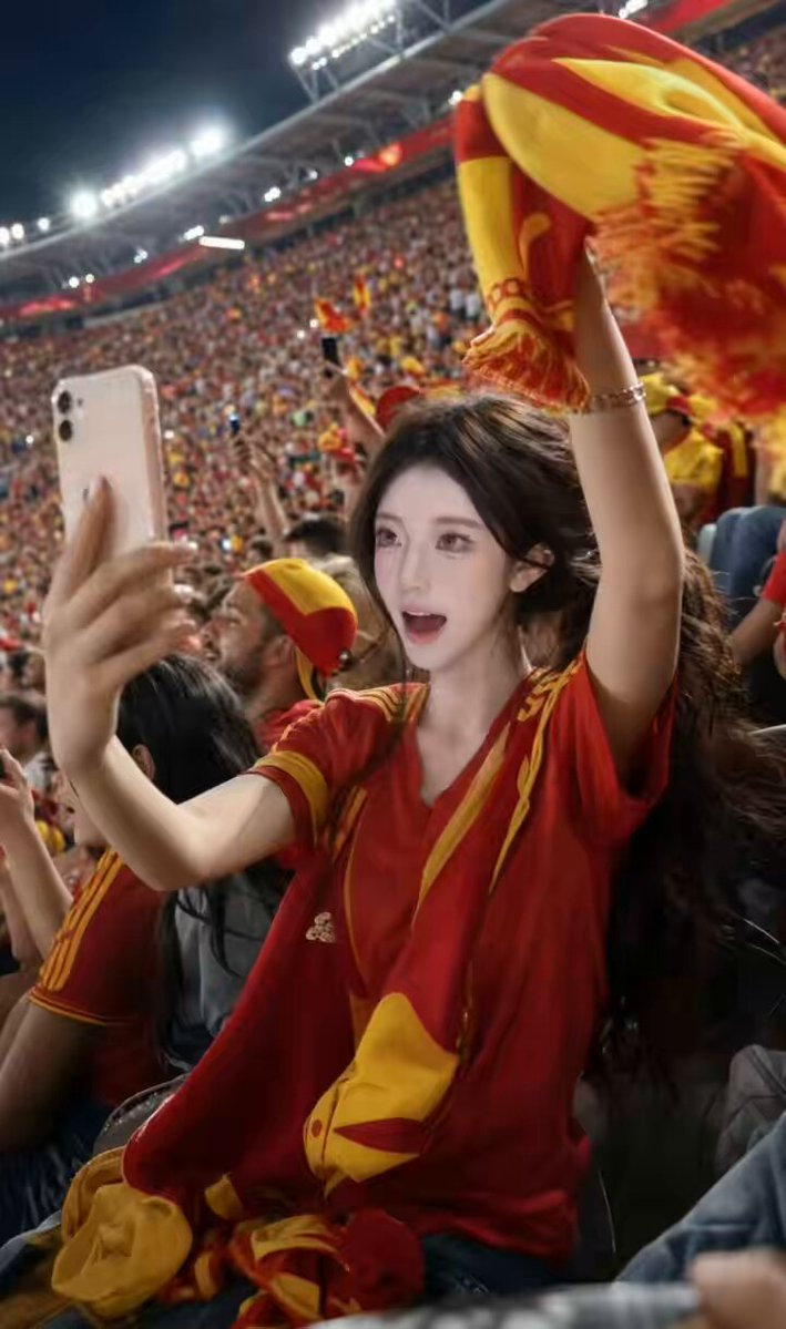 The image features a woman wearing a red shirt with yellow accents, holding up her phone and taking a selfie while surrounded by other people at a sports event. The photo captures the excitement of the moment as she poses for the picture. The background shows a large crowd gathered in front of a stadium or arena, indicating that this is likely an event like a soccer match or a similar sporting event.