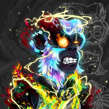 A vivid digital illustration of a demonic, muscular figure with glowing orange eyes, surrounded by swirling neon fire, electricity, and a dark shadowy figure behind it.