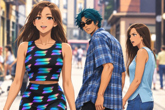 An anime-style illustration depicts a man with teal hair and sunglasses glancing back at a woman in a colorful geometric outfit, while another woman with brown hair looks on in surprise on a busy city street.
