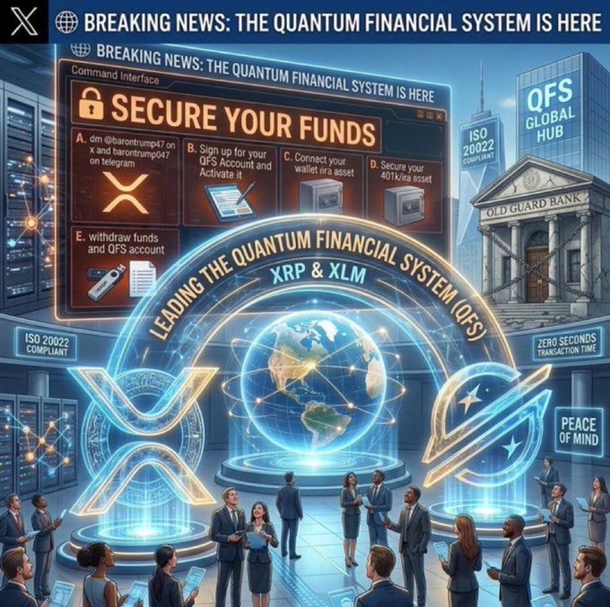 A futuristic "Breaking News" graphic promotes the "Quantum Financial System (QFS)" as a secure alternative to traditional banking, featuring an "Old Guard Bank" being bypassed by glowing XRP and XLM symbols, with instructions to activate a QFS account via telegram (@barontump047), claim a 401k/ira asset, and withdraw funds—visually reinforcing the post's claim that XRP and XLM are freedom-giving tools against bank lockouts.