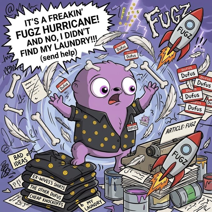 A cartoon illustration shows a panicked purple character named 'Dufus' caught in a 'FUGZ HURRICANE' with speech text reading 'IT'S A FREAKIN' FUGZ HURRICANE! AND NO, I DIDN'T FIND MY LAUNDRY!!! (send help),' surrounded by rockets labeled 'FUGZ' and messy stacks of laundry.