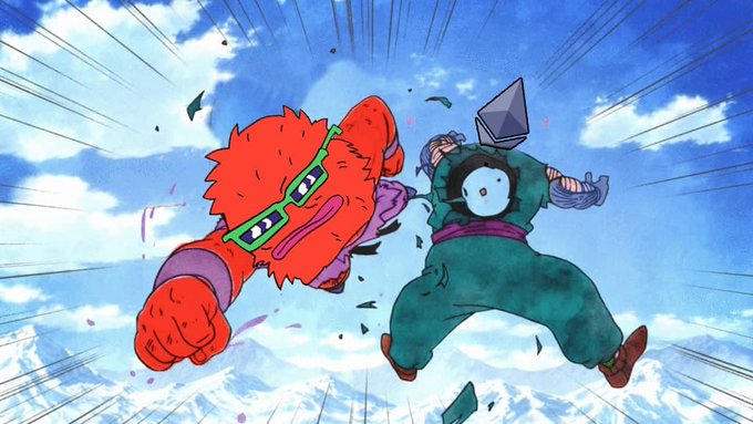 A red furry character wearing green glasses throws a punch at a figure with an Ethereum logo body in a high-energy, action-packed scene. The image humorously illustrates rejecting Ethereum, aligning with the post's message "Not buying ethereum bro" by depicting the cryptocurrency being literally punched away.

Note: There is no visible text in the image itself. The Ethereum logo (a diamond shape) appears on the character's torso.