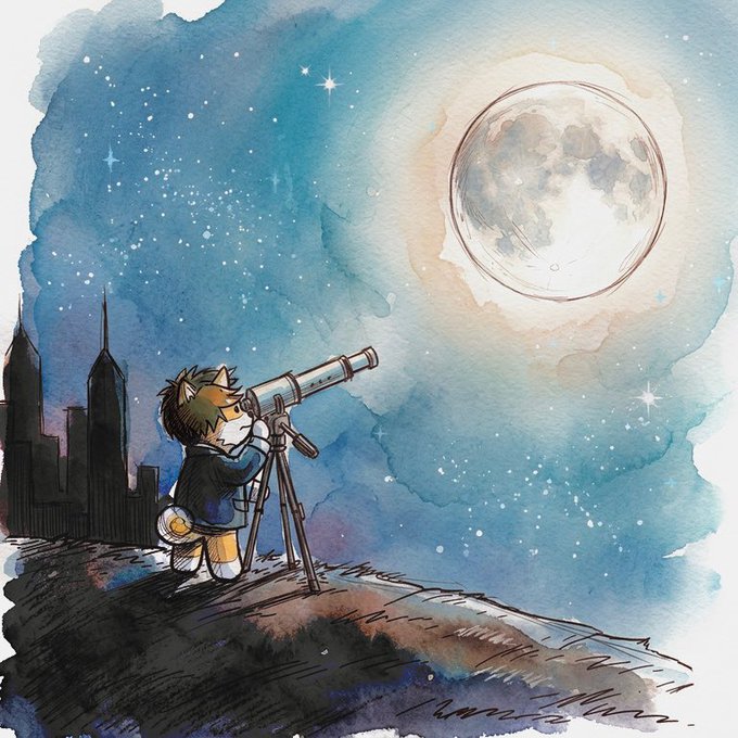 A watercolor illustration shows an anthropomorphic fox in a suit gazing through a telescope at a large, detailed moon in a starry blue night sky, with a city skyline silhouetted below. The whimsical artwork perfectly captures the post's reminder to pause and appreciate the beauty of a bright, clear night.