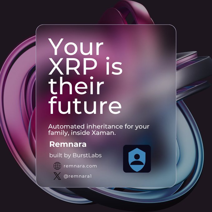 The image features a purple and pink spiral design with the text "Your XRP is their future" written above it, along with an explanation of automated inheritance for families using XRP. The background color of the image is black, which contrasts with the vibrant colors of the spiral design.