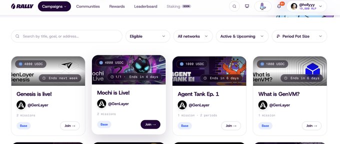 A screenshot of the Rally platform shows a campaign page with listings like 'Genesis is live!', 'Mochi is Live!', 'Agent Tank Ep. 1', and 'What is GenVM?', all hosted on Base, under the user 'ghoyhyy'.