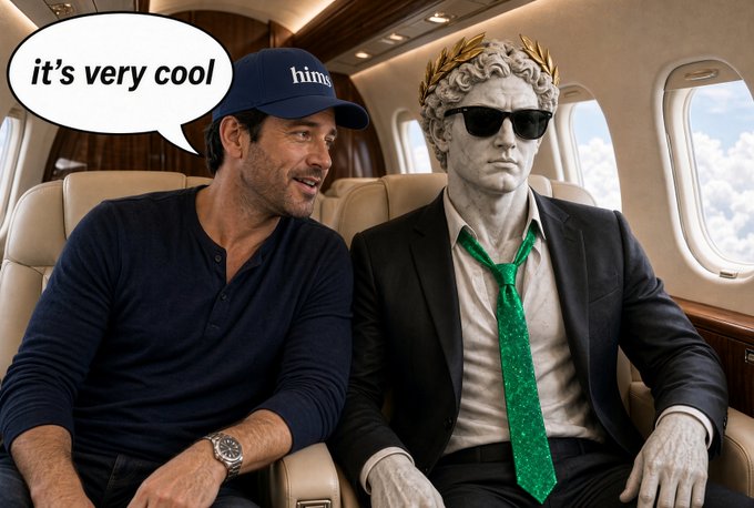 A man wearing a blue 'hirin' cap sits next to a classical marble statue wearing sunglasses, a green tie, and a suit inside a private jet, with a speech bubble saying 'it's very cool'.
