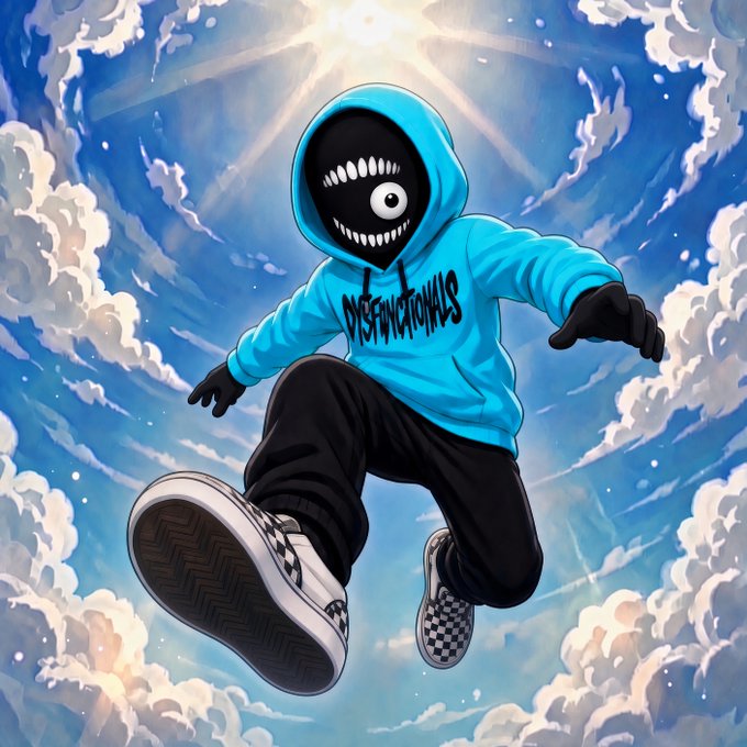 An anime-style illustration of a character in a blue hoodie with 'DISSFUNCTIONAL' written on it, a wide toothy grin, and a single eye, jumping against a sky background with clouds.