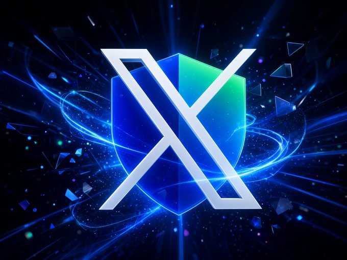 A glowing blue and green shield emblem emblazoned with a silver "X" logo radiates with dynamic light streaks against a dark background, visually representing the partnership announcement "Trust Wallet + X" with an aura of strength and excitement.