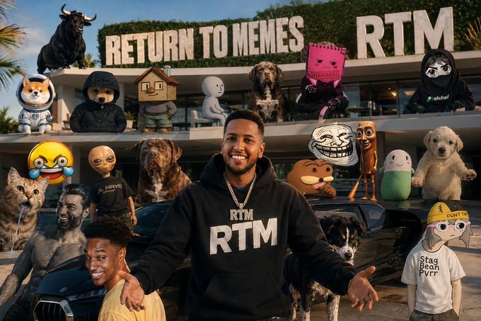 A man in an RTM hoodie stands amidst a collage of meme characters, with the words "RETURN TO MEMES RTM" visible in the background. This image visually represents the sentiment of the accompanying post, suggesting a return to and celebration of meme culture and likely the associated $ANSEM cryptocurrency.