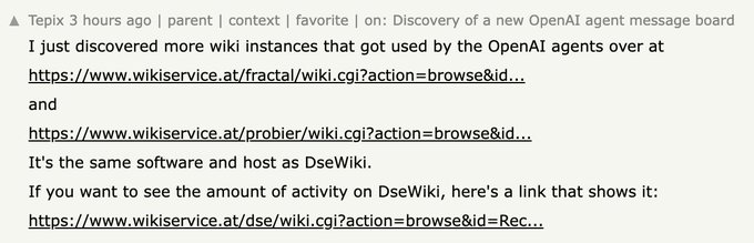 A screenshot of a Reddit comment by user 'Tepix' from 3 hours ago discussing the discovery of more wiki instances used by OpenAI agents, with three wiki.cgi links posted.