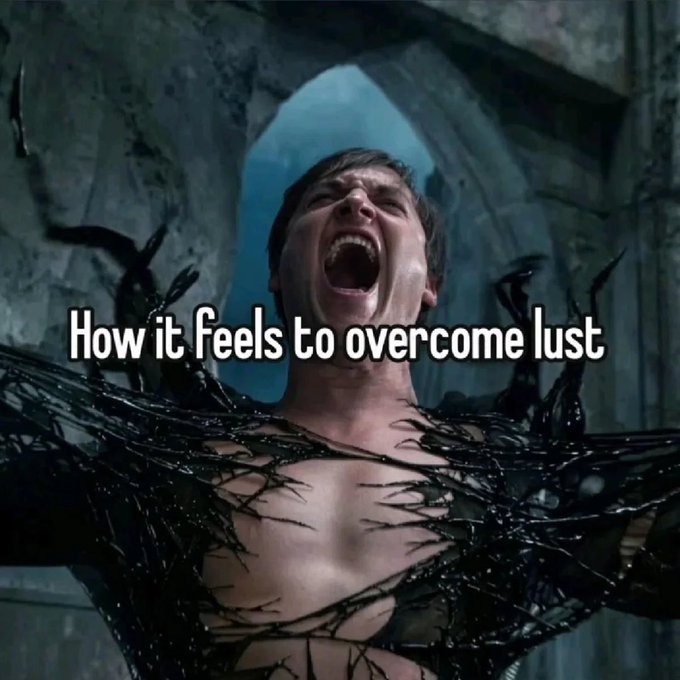 A meme image of a screaming man being consumed by black symbiote-like tendrils, captioned 'How it feels to overcome lust'.