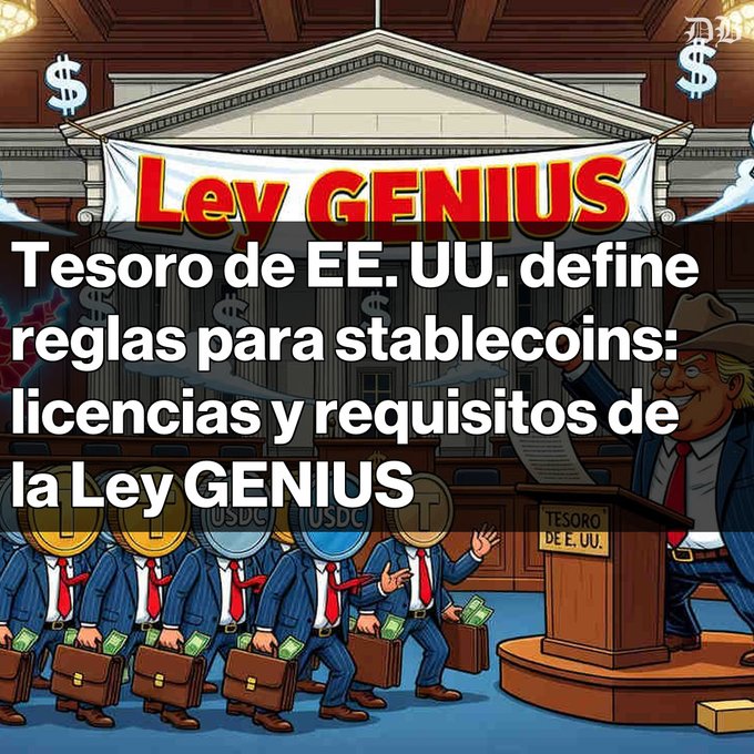 A Spanish-language crypto meme illustration depicts a "Ley GENIUS" banner above a cartoonish government hearing, where figures with USDC coins for heads march with briefcases toward a caricature of Donald Trump at a "TESORO DE E. UU." podium. The overlaid text reads "Tesoro de EE. UU. define reglas para stablecoins: licencias y requisitos de la Ley GENIUS".