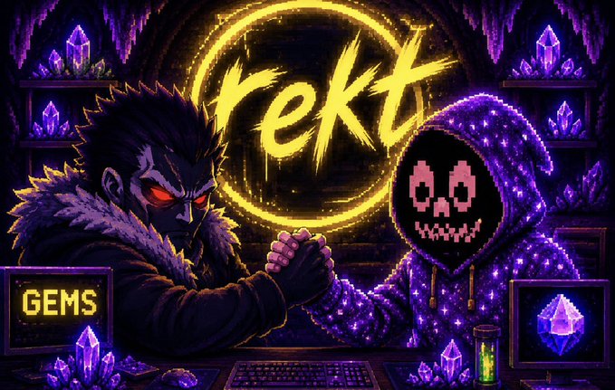 A digital artwork depicting a dark fantasy scene with two figures—one with a monkey/ape face in a fur coat and another in a galaxy-patterned hoodie with a skull mask—arm wrestling under a glowing yellow 'rekt' logo, surrounded by purple crystals and a 'GEMS' monitor.