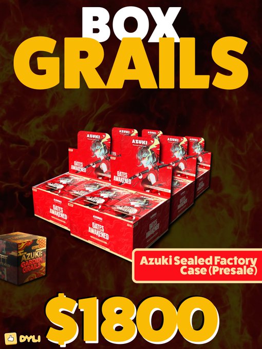 An advertisement for "Box Grails" featuring Azuki Sealed Factory Case (Presale) boxes, priced at $1800, posted by OYL.